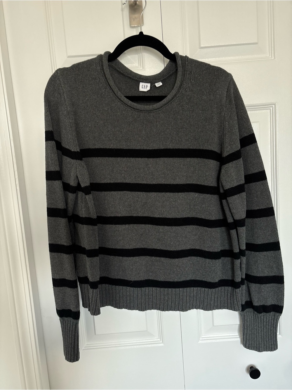 GAP Charcoal Gray and Black Striped Crew Sweater